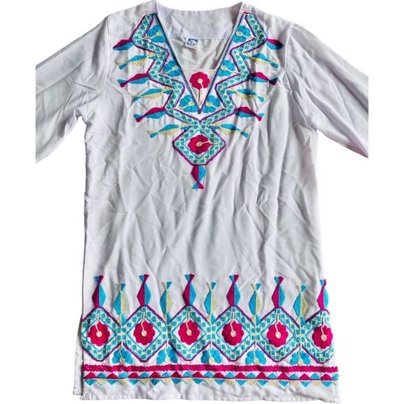 Vintage Mexican Dress Boho Tunic Dress Embroidered sz M - Picture 1 of 5